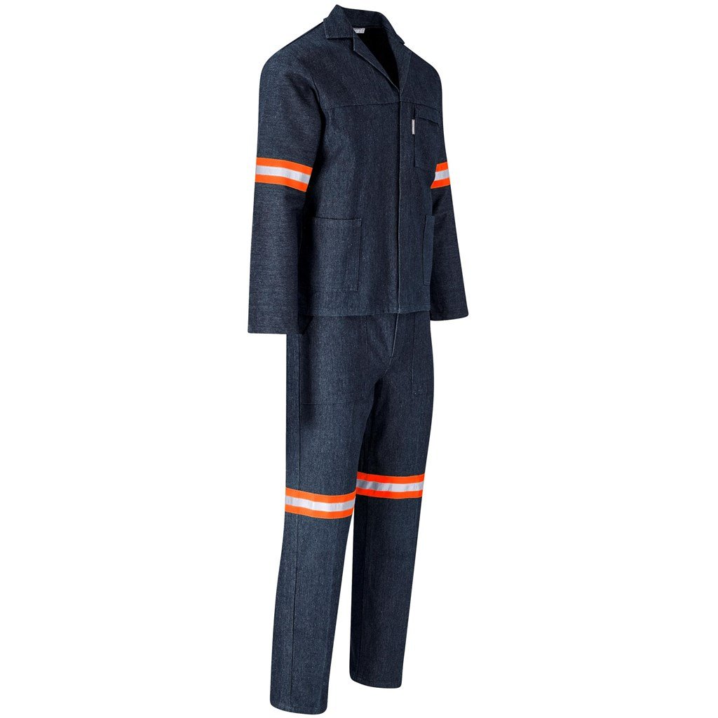 Fato vintage jeans 100% algodão Conti - braços, pernas e costas refletores - fita laranja