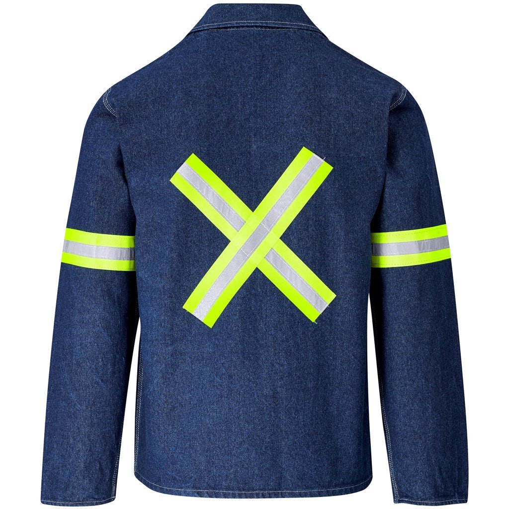 Veste en jean 100 % coton de qualité supérieure - Manches et dos réfléchissants - Ruban jaune