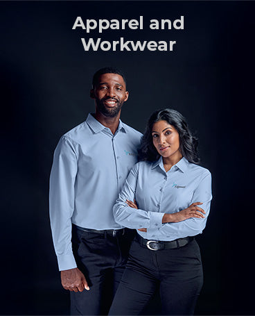 Two people wearing matching branded light blue shirts and dark pants against a black background with 'Apparel and Workwear' text.