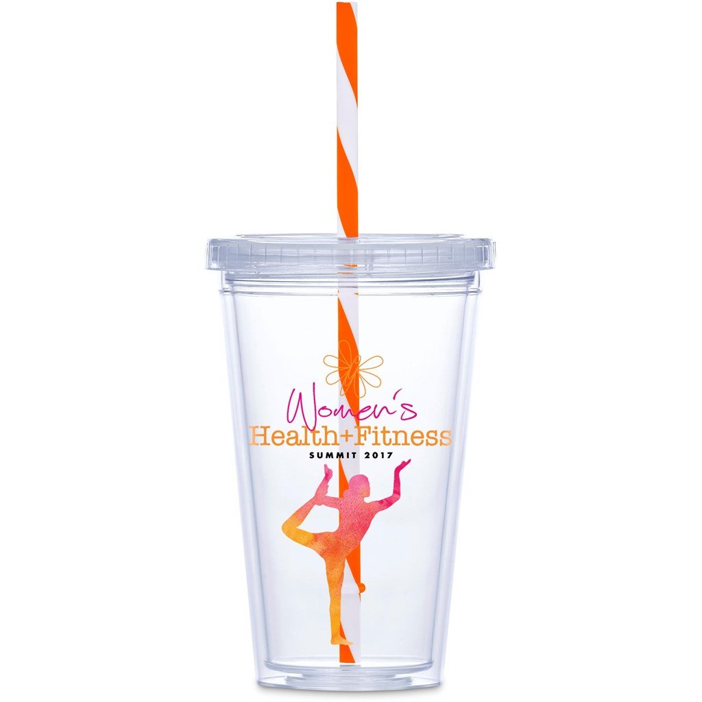 Gobelet en plastique double paroi et paille Malibu - 470 ml - Orange