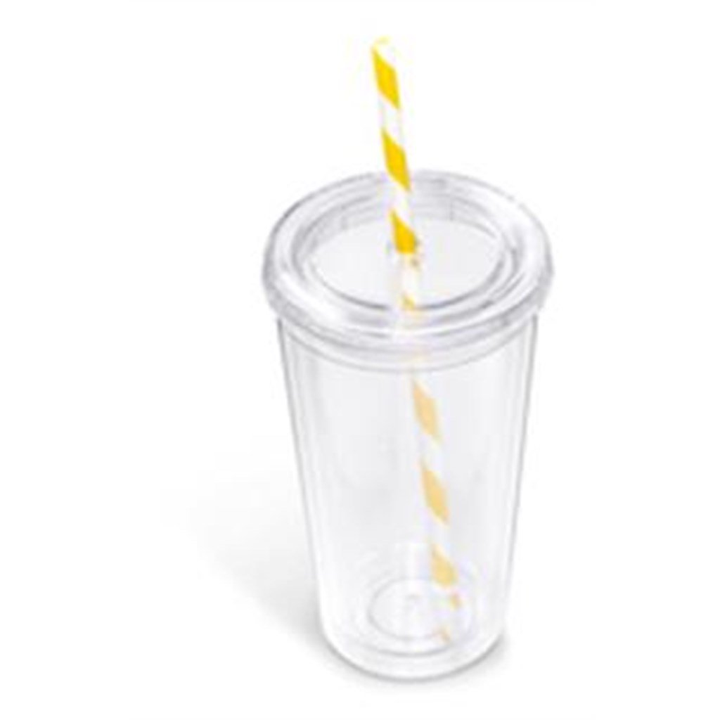 Copo de plástico com palhinha Malibu de parede dupla - 470 ml - Amarelo