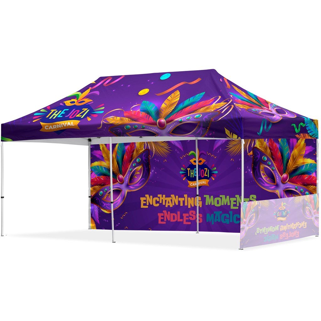 Gazebo en acier revêtu par sublimation 6 m x 3 m - 1 demi-paroi courte - 1 paroi longue complète