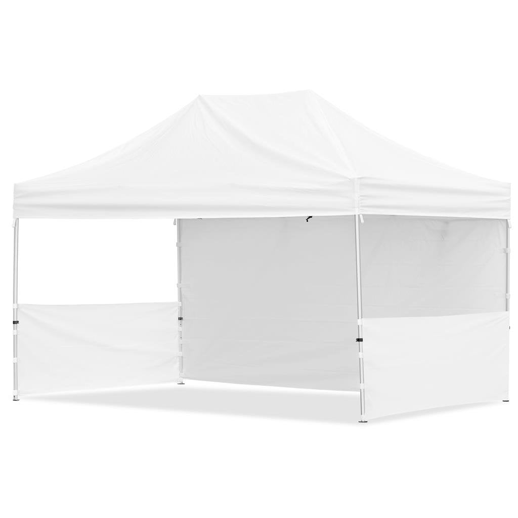 Tonnelle en acier revêtu par sublimation 4,5 m x 3 m - 1 paroi longue pleine - 2 demi-parois courtes